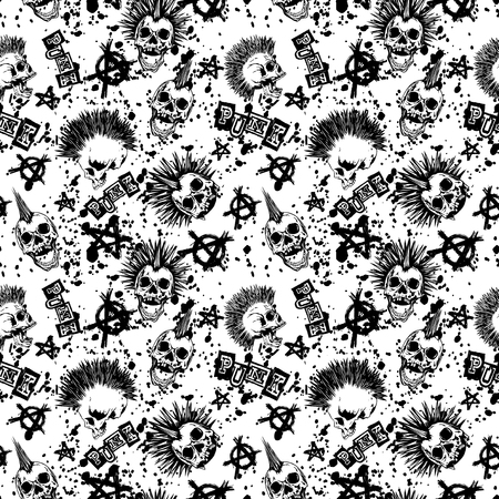 Abstract vector illustration balck and white punk skull with mohawk hair, symbol anarchy and inscription punk seamless grunge background . Design for print on fabric or t-shirt.のイラスト素材