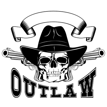 Vector illustration cowboy skull in hat and two revolvers. Lettering outlaw.のイラスト素材