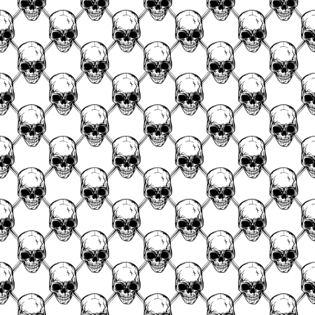 Abstract vector illustration black and white seamless background with skulls and bones. Design for print on fabric or t-shirt.のイラスト素材