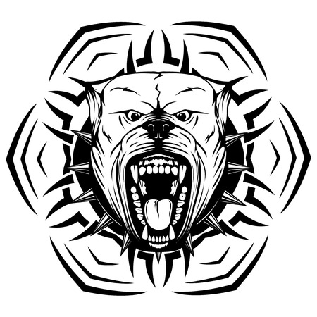 Abstract vector black and white illustration portrait of aggressive dogs on round pattern. Head of dog breed pit bull with open mouth and collar with spikes.のイラスト素材