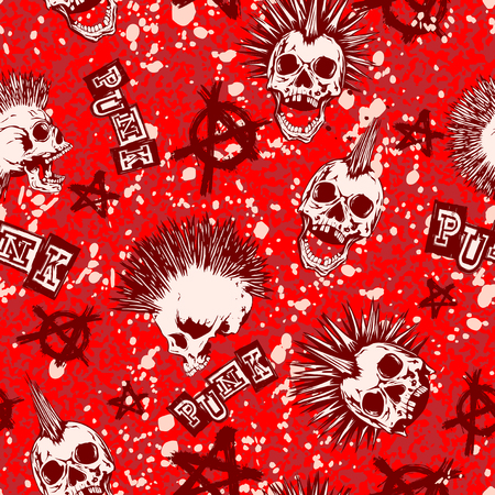 Abstract vector illustration color punk skull with mohawk hair and symbol anarchy on grunge backdrop. Inscription punk. Seamless background. Design for print on fabric or t-shirt.のイラスト素材