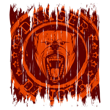 Abstract vector illustration stamp with head dog breed pit bull and stars on grunge background. Inscription danger.のイラスト素材