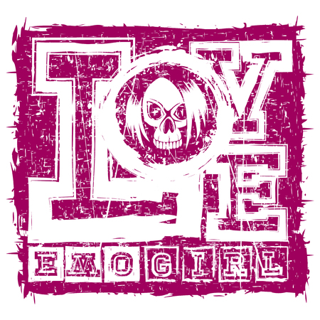 Vector illustration inscription love emo girl on purple grunge background and skull with hair.のイラスト素材