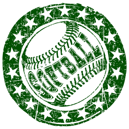 Abstract vector illustration green scratched baseball ball on grunge background. Inscription softball. Design for tattoo or print t-shirt.のイラスト素材
