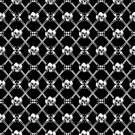 Vector illustration crossed bones and cartoon black emo girl skull with hair. Seamless background. For t-shirt design or print on textile.のイラスト素材