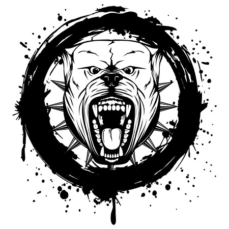Vector illustration of aggressive snarling dog breed pit bull with an open mouth on grunge background. Head pitbull with collar with spikes.のイラスト素材