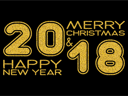Vector illustration gold glitter inscription Merry Christmas and Happy New Year on black background for design card or poster.のイラスト素材