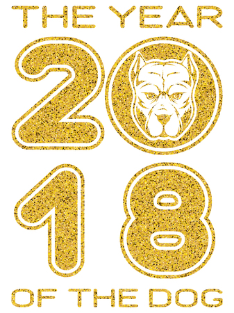 Vector illustration gold glitter inscription 2018 with head dog and the year of the dog on white background for design card or poster.のイラスト素材
