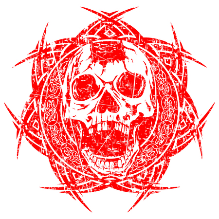 Abstract vector illustration red shabby stamp human broken skull with open jaw on round ornament with celtic knot. Design for tattoo or print t shirt.のイラスト素材