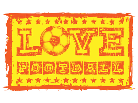 Abstract vector illustration orange shabby stamp on grunge background. Inscription love football with football ball and stars. Design for print on fabric or t-shirt.のイラスト素材