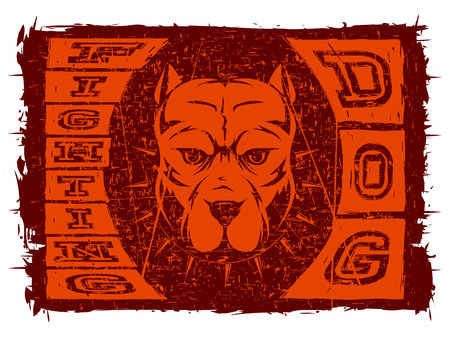 Abstract vector illustration dog on grunge background. Head of dog breed pit bull in collar with spikes. Inscription fighting dog.のイラスト素材