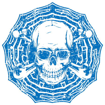 Abstract vector illustration shabby stamp grunge skull with crossed bones on round ornament. Design for tattoo or print t shirt.のイラスト素材