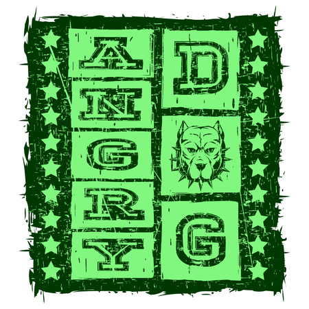 Vector illustration green inscription angry dog with head dog and stars on grunge background. For t-shirt design.のイラスト素材