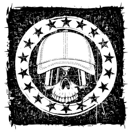 Abstract vector illustration scratched skull without lower jaw in sunglasses and baseball cap on grunge frame with stars. Design for tattoo or print t-shirt.のイラスト素材