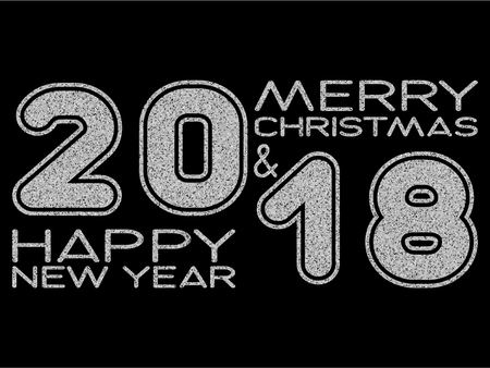 Vector illustration silver glitter inscription 2018 Merry Christmas and Happy New Year on black background for design card or poster.のイラスト素材
