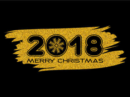 Inscription merry Christmas and 2018 with snowflake on gold glitter texture paint stain on black background. Design for greeting card, poster, banner and flyers.のイラスト素材