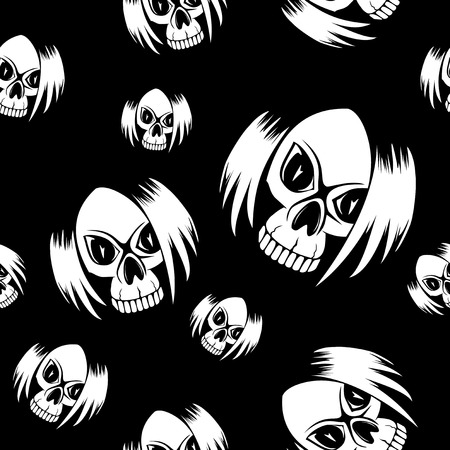 Vector illustration cartoon black emo girl skull with hair. Seamless background. For t-shirt design or print on textile.のイラスト素材