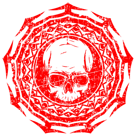 Abstract vector illustration red shabby stamp human skull on round ornament. Design for tattoo or print t shirt.のイラスト素材