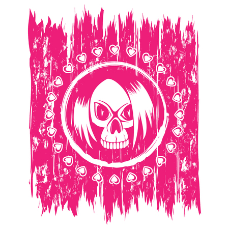 Vector illustration emo skull with hair and hearts on scratched grunge background. For t-shirt design.のイラスト素材