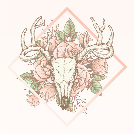 Deer skull head with flowerのイラスト素材