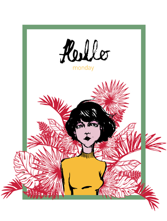 Woman in frame with leavesのイラスト素材