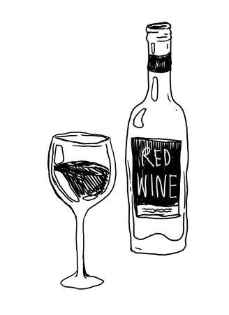 Bottle and glass of wine. Hand drawn sketch vector illustration.の写真素材
