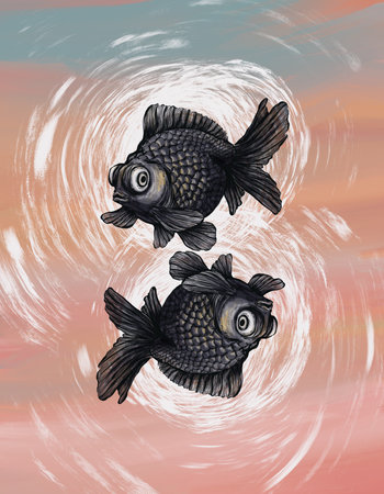 Illustration of a pair of black goldfishes on a sunset backgroundの写真素材