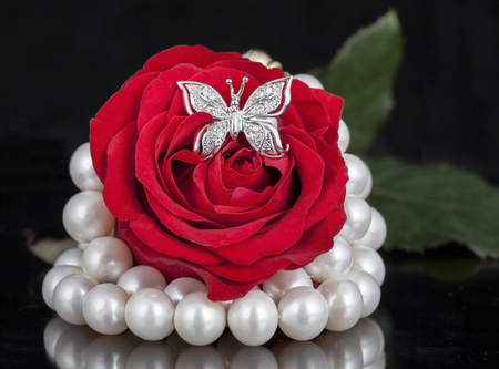 butterfly ring , pearl necklace , red rose on black backgroundの写真素材