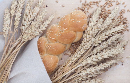 Fresh bread and wheat on the white woodenの写真素材