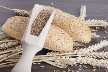 fresh bread and wheat on the woodenの写真素材
