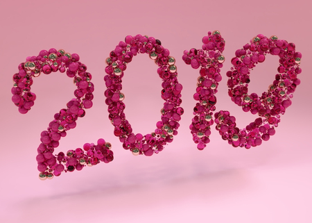 Happy New Year 2019. Holiday Realistic 3d sign. Festive poster or banner design.の写真素材