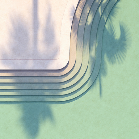 Emerald clear water in a large pool with steps. Swimming pool lit by the morning sun.の写真素材