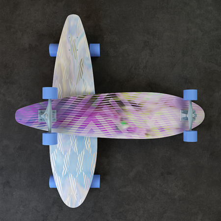 Skateboard with blue-red coloring. Longboard with a bright pattern. 3D illustrationの写真素材