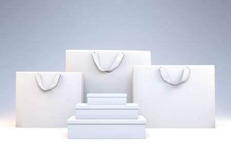 White shopping bags and boxes in abstract style. 3D illustrationの写真素材