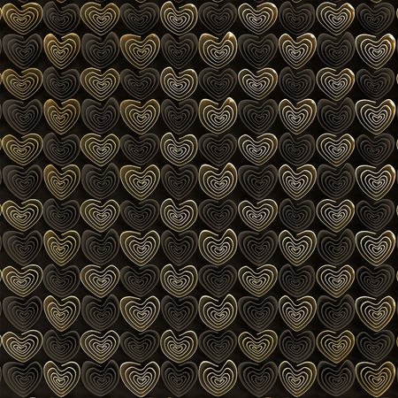 Arrangement of gold and brown hearts on a dark background. 3D illustration.の写真素材