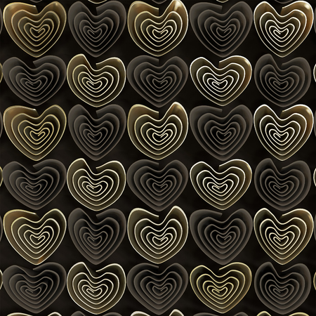 Arrangement of gold and brown hearts on a dark background. 3D illustration.の写真素材
