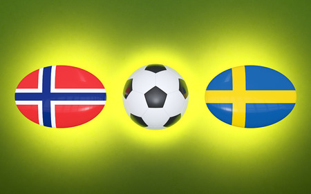 European Football Championship 2020. Schedule for football matches Norway - Sweden. Flags of countries and soccer ball. 3D illustration.の写真素材