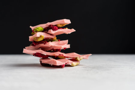 Chocolate with sublimated raspberries and cashew nuts on a black background