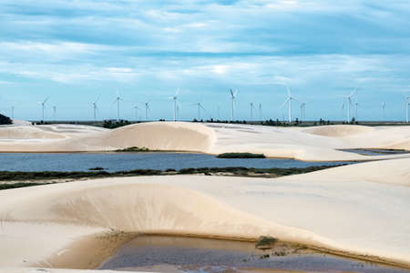 Windmills in LenÃ§Ã³is Maranhenses National Park in MaranhÃ£o state in northeastern Brazil.の写真素材