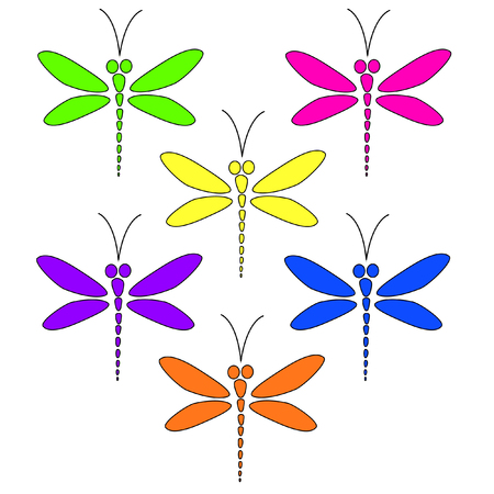 dragonflies of different bright colors on the white backgroundのイラスト素材
