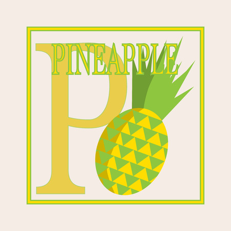 P - pineapple, Alphabet. English capital letter P. Vector flat illustration of pineapple. Educational card. Flashcard letter P.のイラスト素材