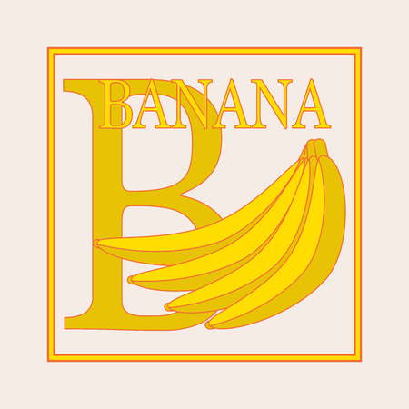 B - banana, Alphabet. English capital letter B. Vector flat illustration of banana branch. Educational card. Flashcard letter B.のイラスト素材