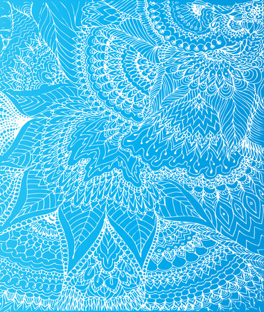 Vector illustration of doodle drawing on the light blue background. Abstract white lines, curves and leaves. Vintage backdrop. Hand-drawn texture. Frost image for winter themes.のイラスト素材