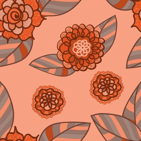 Vector pink seamless pattern with doodle flowers. Pale red floral background.のイラスト素材