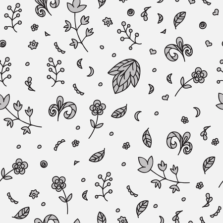 Floral texture. Doodle seamless pattern. Abstract flowers and elements on the light gray background. Vector illustration. Decorative card.のイラスト素材