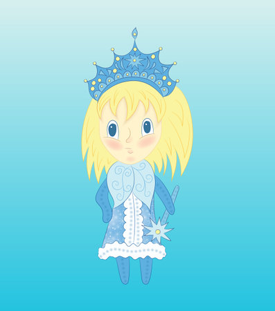Cute chibi Snow Maiden in a blue dress. Vector Christmas illustration of funny little girl with blond hair.のイラスト素材