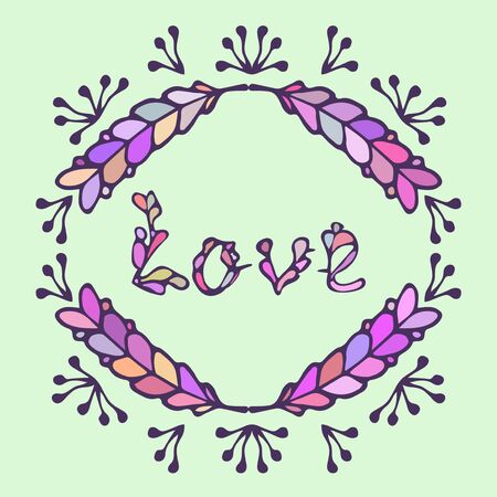 Hand drawn vintage lettering and decoration. Word love on light green background. Romantic headline. Ornate Frame.Can be used as greeting card, print on T-shirt, bag.Happy Valentines Day Card Design.のイラスト素材