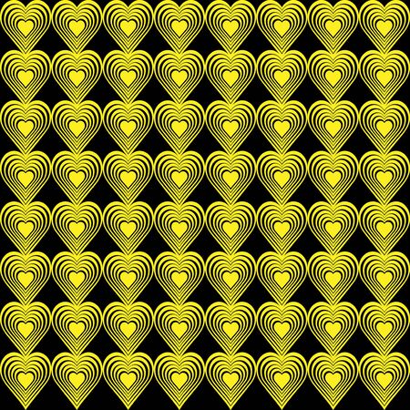 Seamless geometric pattern with stylized hearts. Repeating vintage texture. Abstract yellow and black background. Bright retro backdrop. Vector illustration.のイラスト素材
