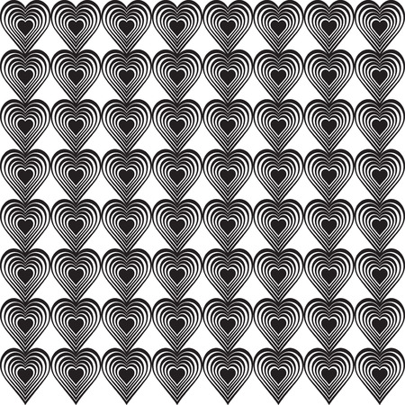 Seamless geometric pattern with stylized hearts. Repeating vintage texture. Abstract white and black background. Monochrome retro backdrop. Vector illustration.のイラスト素材