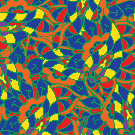 Vector doodle hand drawn pattern. Texture with abstract flowers. Bright ethnic backdrop. Summer template. For wallpaper, web page background. Colorful floral elements.のイラスト素材